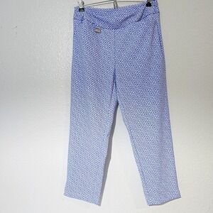 Lulu-B Pull On Blue White Geometric Flat Front Capri Pants Ankle Slit Size 6